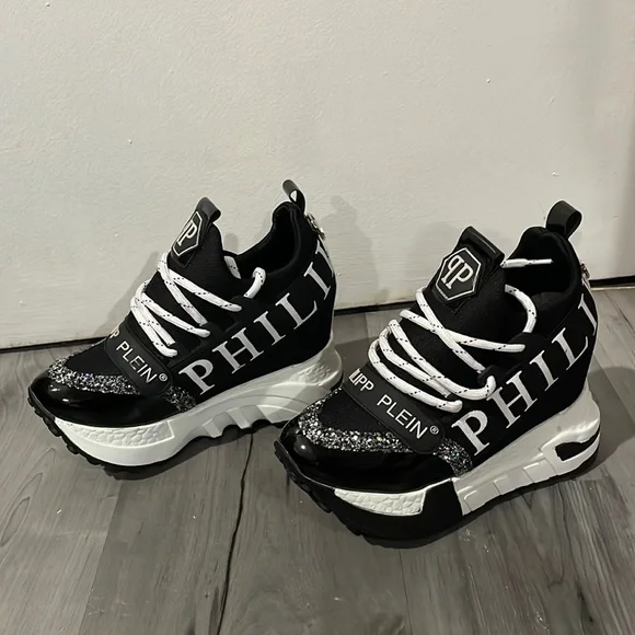 COPY - PHILIPP PLEIN BLACK SPARKLE WEDGES SNEAKERS - Picture 2 of 7